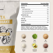 MËTTA Food Shake delivers 31g of protein, 26 vitamins and minerals, 0g added sugar, and carefully selected ingredients like oats, pea protein, rice protein, coconut, avocado, and flaxseed. Showing off nutritional values + ingredients. written in swedish 
