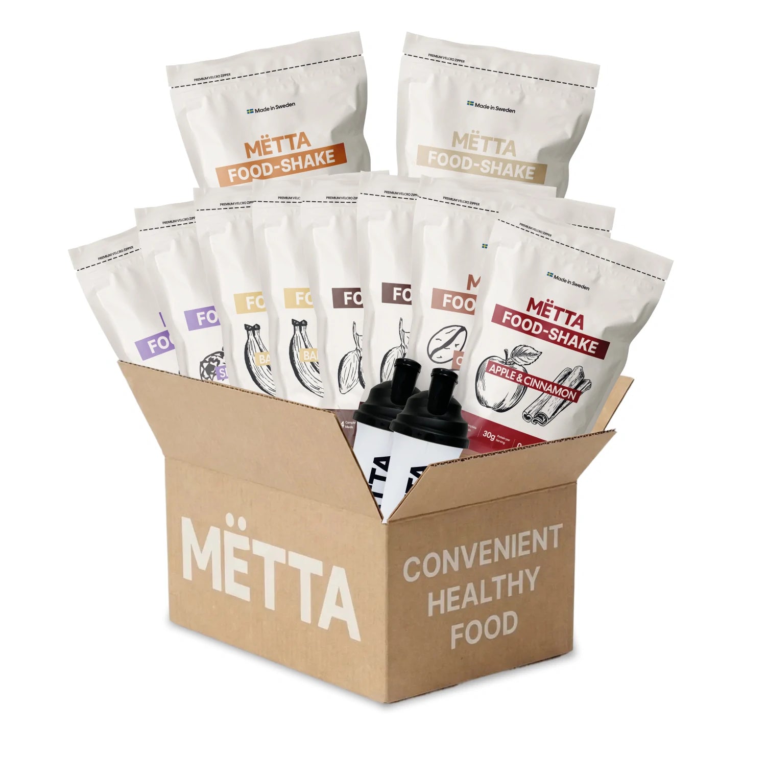 commitment bundle product lineup with 10 bags of food shake original and mëtta shakers inside of a mëtta package. white background. 