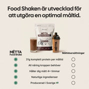 Comparison table between MËTTA food shake and standard meal replacements. MËTTA Food Shake is developed to be an optimal meal, offering 31g of complete protein, all the nutrition your body needs, 4+ hours of fullness, natural ingredients, and Swedish production, unlike standard meal replacements that don’t always deliver the same complete nutrition and quality. written in swedish.