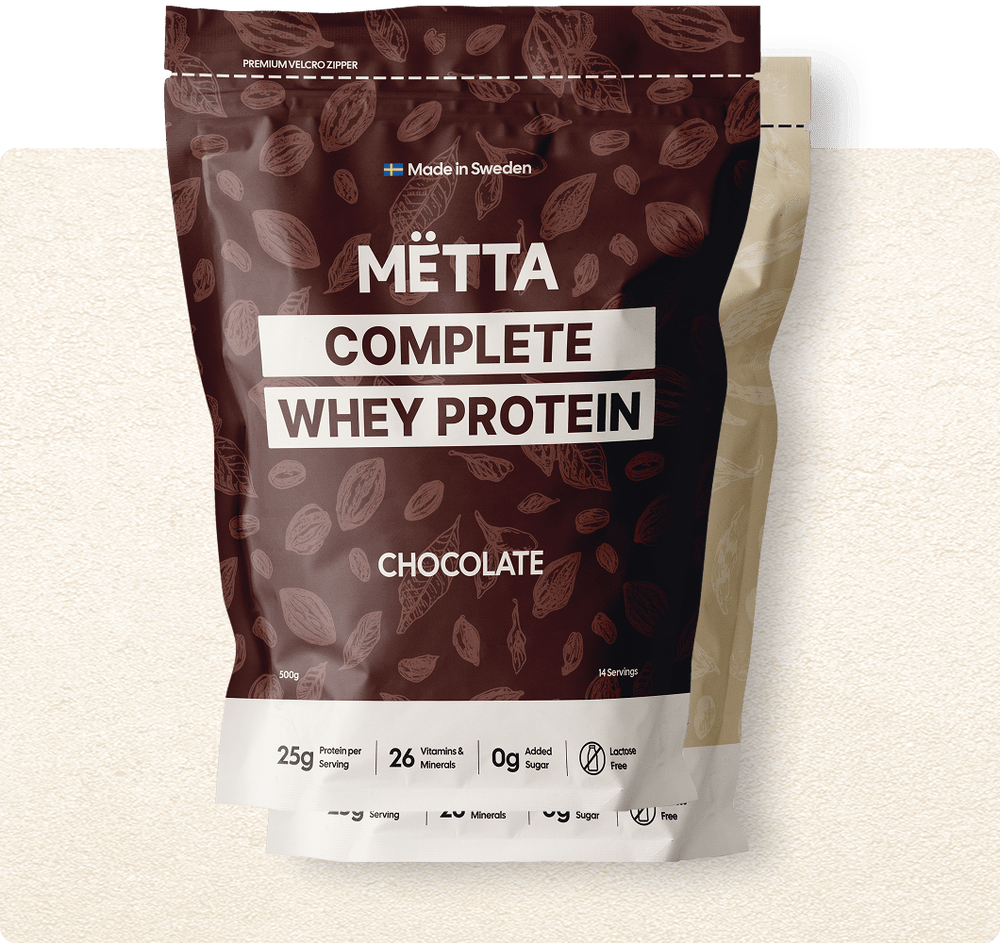 MËTTA complete whey protein bags (chocolate & vanilla flavors), 25g protein per serving, 26 vitamins & minerals, 0g added sugar, Lactose free, 14 serving, 500g, velcro zipper, made in sweden. 
