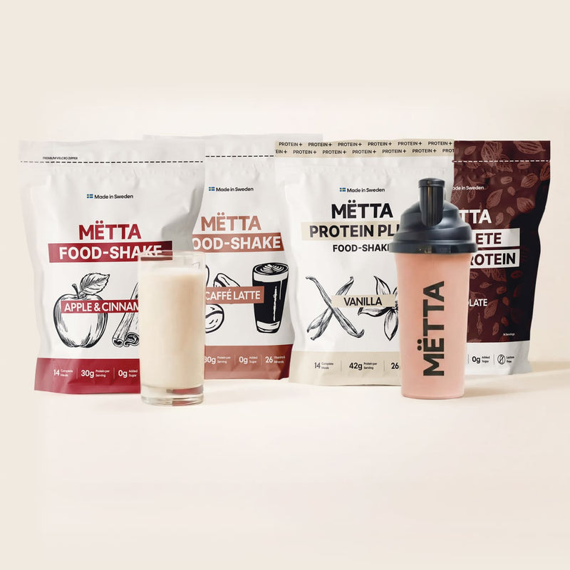 MËTTA Product line items, 1x bag of Apple & cinnamon food shake, 1x bag of caffe latte food shake, 1x bag of Vanilla protein plus, 1x bag of complete protein chocolate, 1x shaker