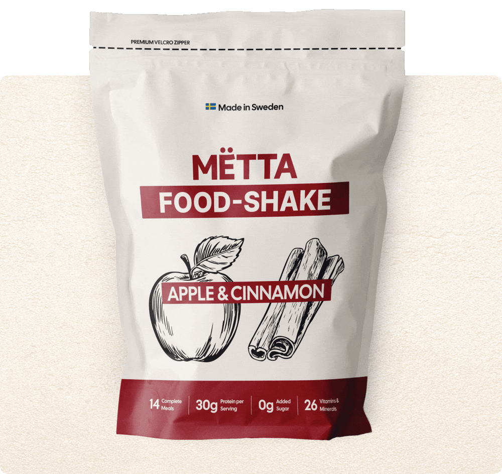 Gif featuring all of our food shakes flavors,  banana & peanut,Carrot & ginger, apple & cinnamon, Caffe latte, Creamy oats, smoothiebowl, Raw cocoa, 14 complete meals, 30 g protein per serving, 0g added sugar, 26 vitamins & minerals. velcro zipper, made in sweden