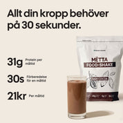 MËTTA Raw Cocoa Food Shake gives your body everything it needs in just 30 seconds, with 31g of protein per meal at only 21 kr per serving. written in swedish