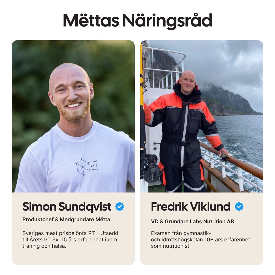MËTTA’s Nutrition Advisory Board, featuring Simon Sundqvist and Fredrik Viklund, two experts in training, health, and nutrition behind the product. written in swedish