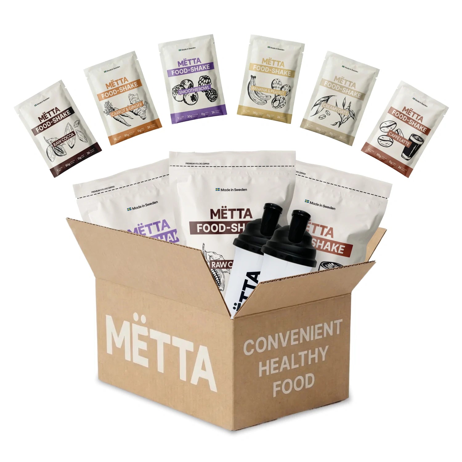 startpaket product lineup with mëtta food shake original travel packs and food shake original big bags with 2 shakers inside of a mëtta package.  with white background