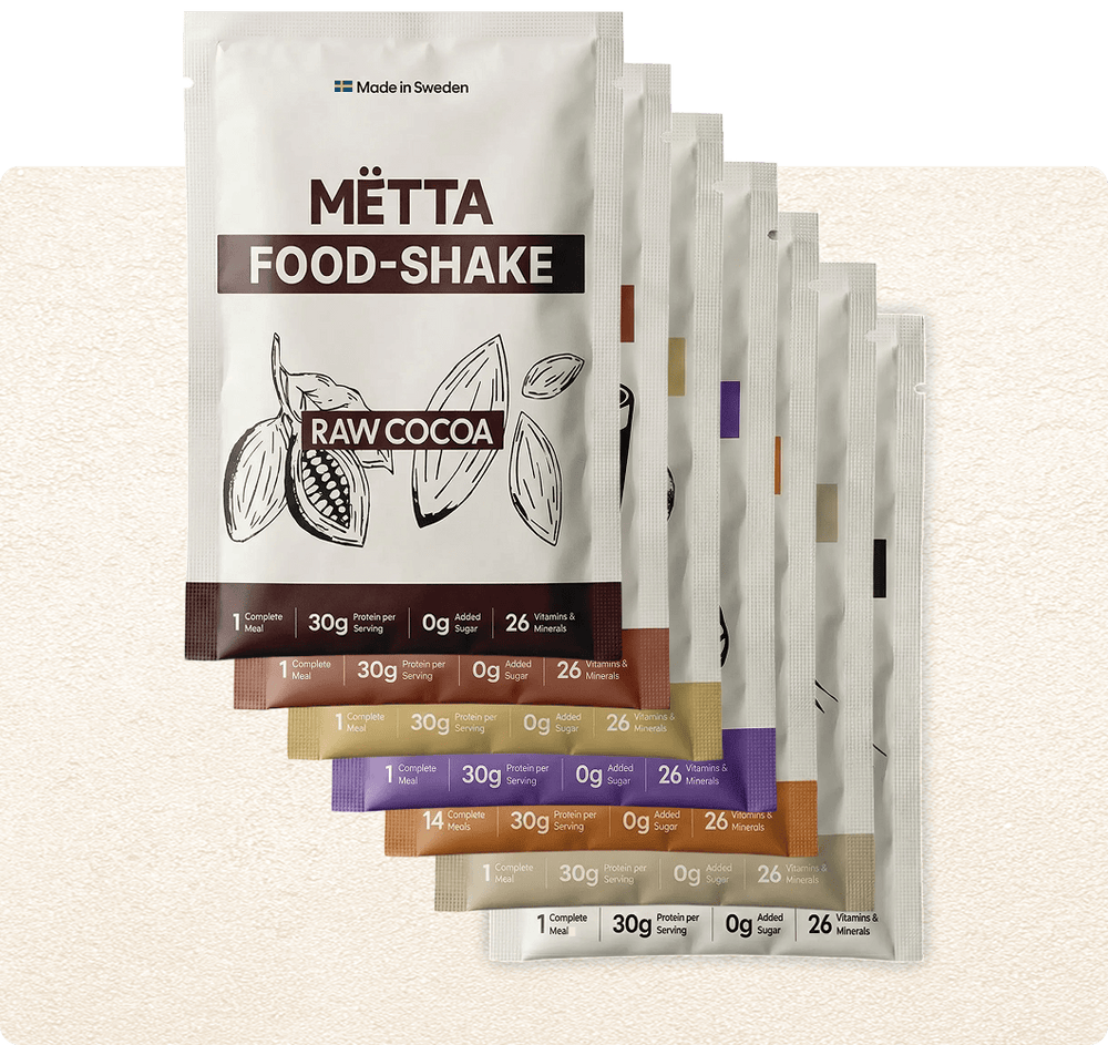 MËTTA food shake travel packs (singel servings)  in all flavors (raw cocoa, caffe latte, banana & peanut, smoothiebowl, carrot & ginger, creamy oats, unsweetened oats), 1 complete meal, 30g protein per serving, 0g added sugar, 26 vitamins & minerals, made in sweden. 