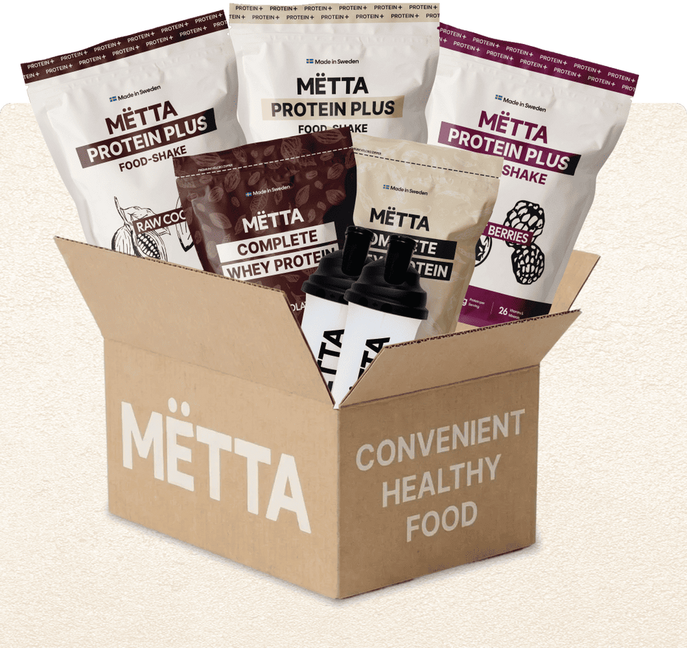 MËTTA value packs, up to 35% off, 2x MËTTA shakers, Protein plus (raw cocoa, vanilla, forest berries), Complete whey protein (chocolate & vanilla), food shake, MËTTA package, convenient healthy food