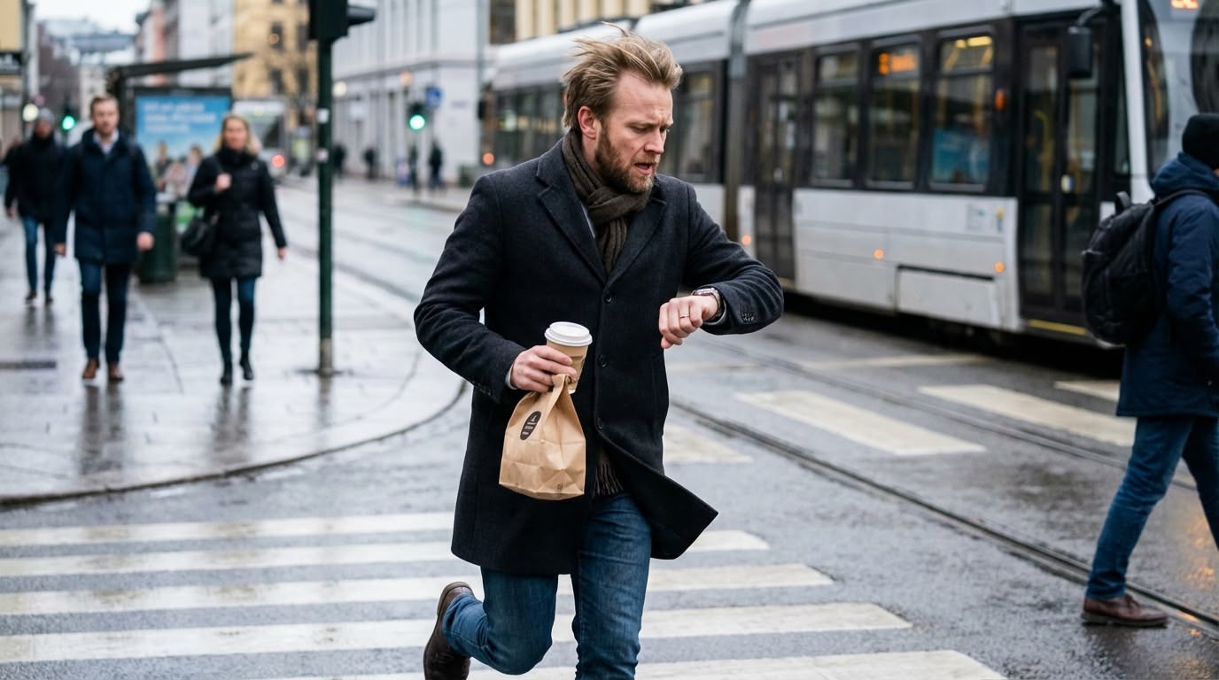 A 30 year old man rushing outdoors and checking the time, while holding a cup of coffee and a take away order. 