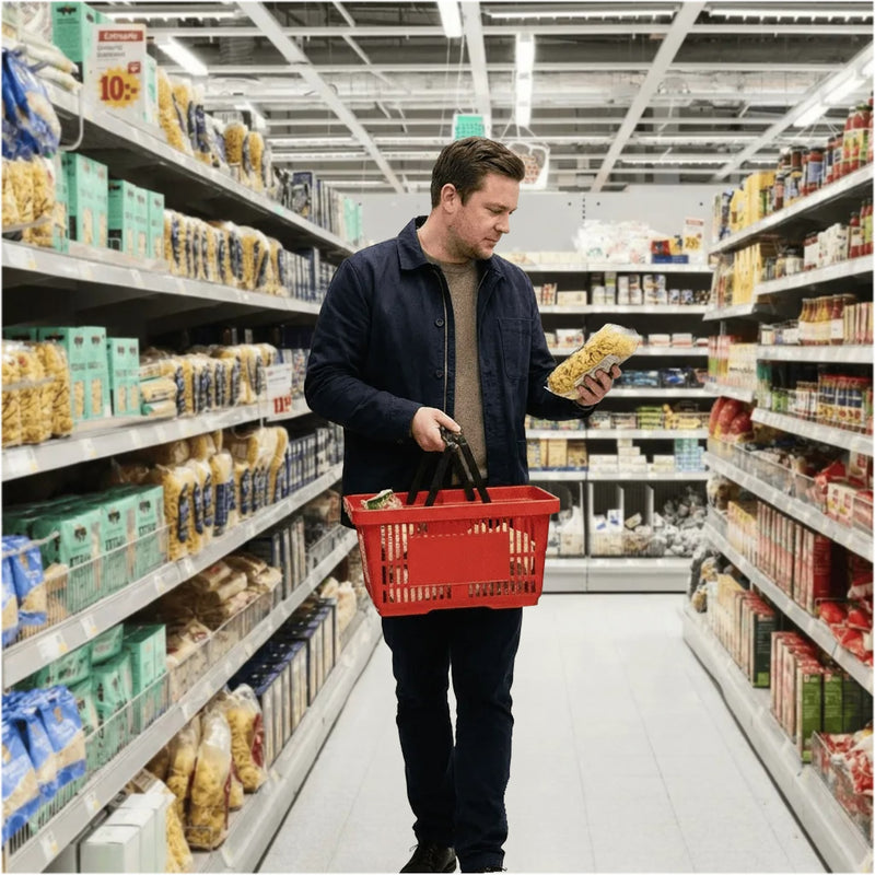 A 30 year old man, going grocery shopping, and holding a red basket 