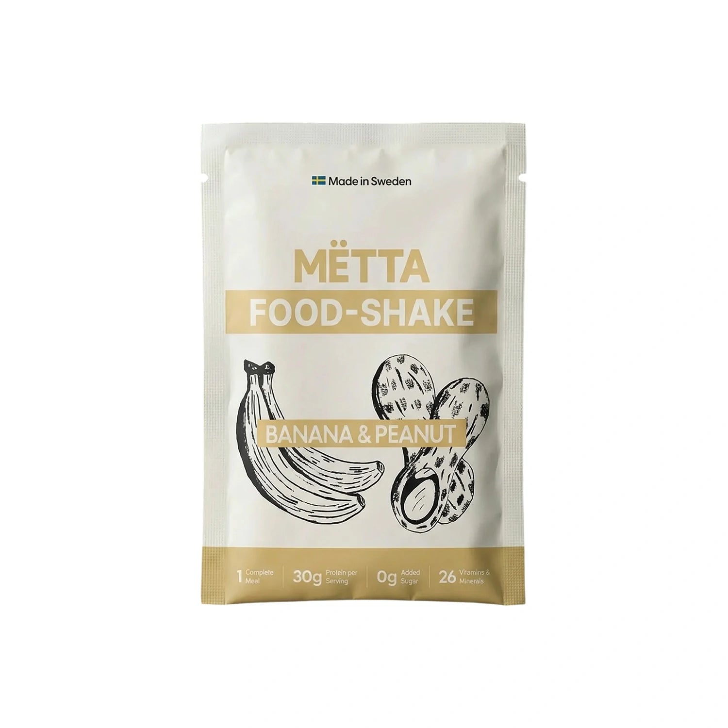 mëtta food shake original banana & peanut travel pack white background