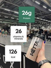 Mëtta complete protein raw cacao shaker with highlighted product information 