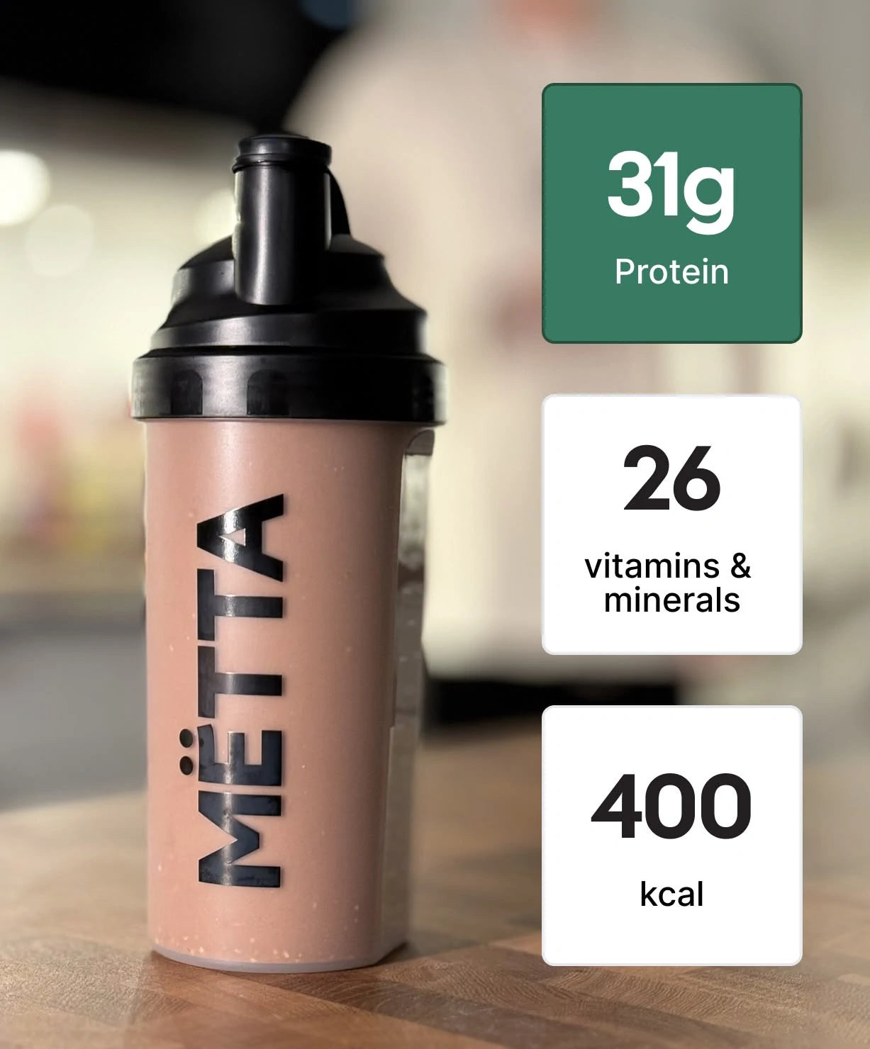 Featuring a prepared MËTTA food shake that contains 31g protein, 26 vitamins & minerals, 400 kcal