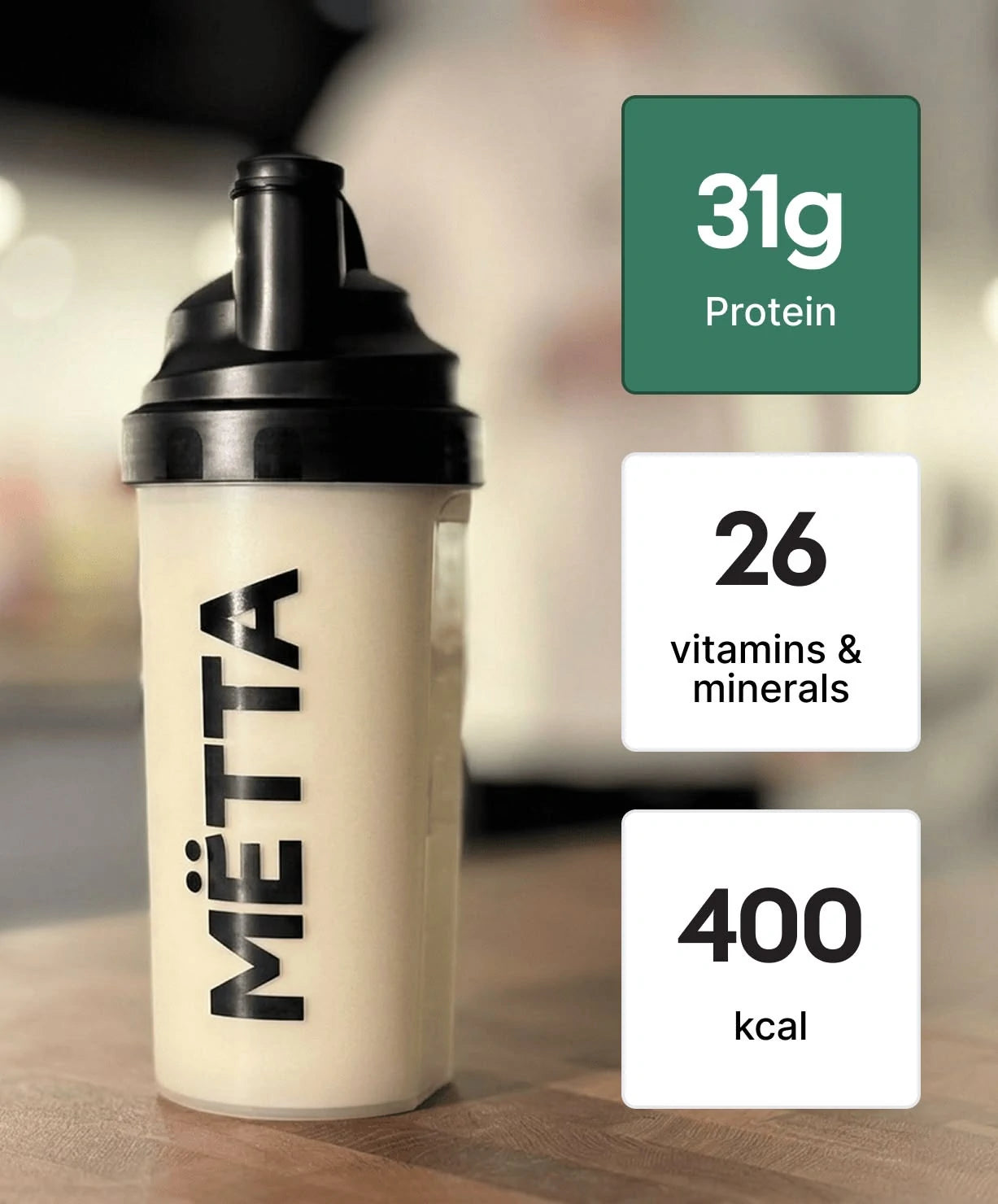 Mëtta food shake original creamy oats shaker with highlighted product information 