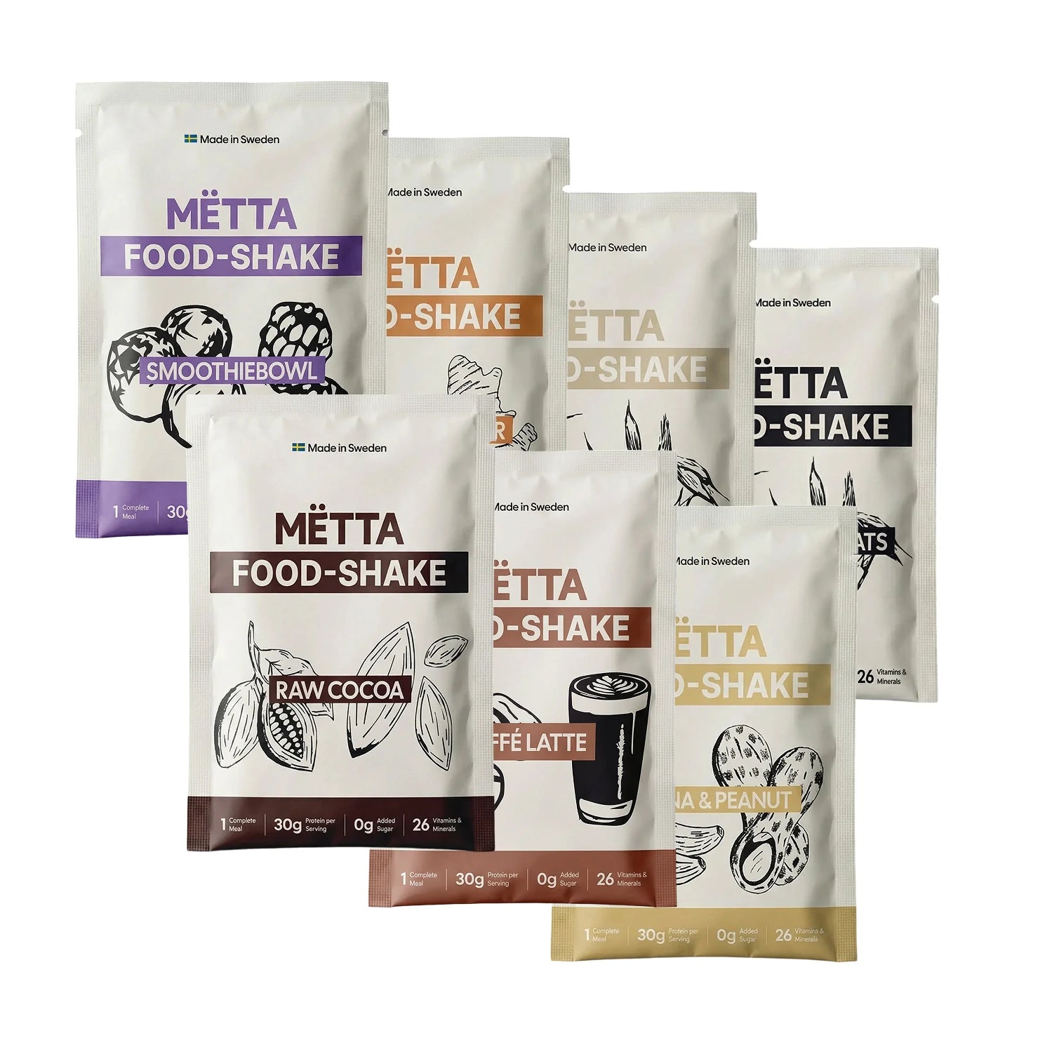full flavor lineup of mëtta food shake travel pack with white background