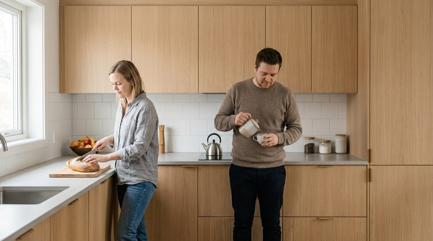 A 30 year old woman cutting bread in the kitchen alongside a 30 year old man who's making coffee. 
