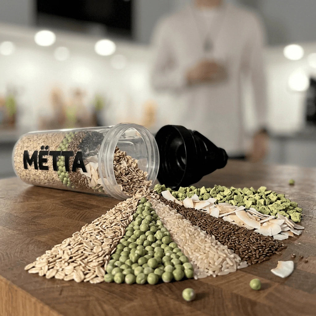 A MËTTA shaker filled with wholesome ingredients like oats, peas, rice, flaxseeds, and coconut, highlighting the natural nutrition behind every shake.