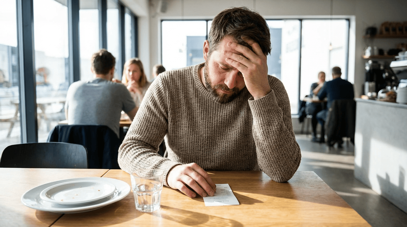 A 35 year old man checking his bill in a restaurant. 