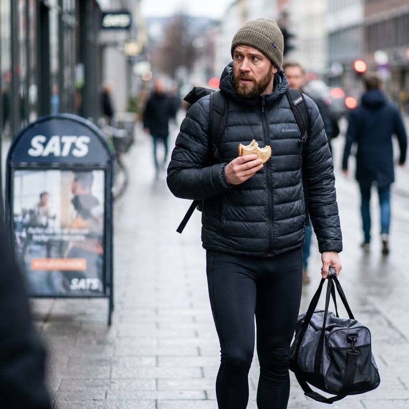 A 30 year old man, walking outdoors while eating a sandwich 